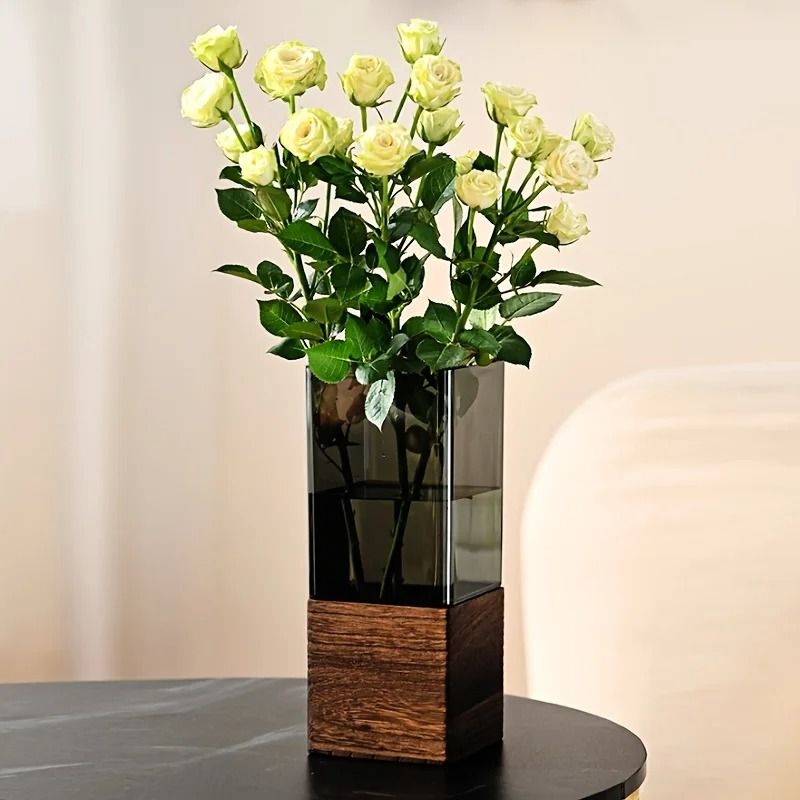 Nordic Style Acrylic Vase With Wooden Base For Home Decor And Floral Arrangements 2
