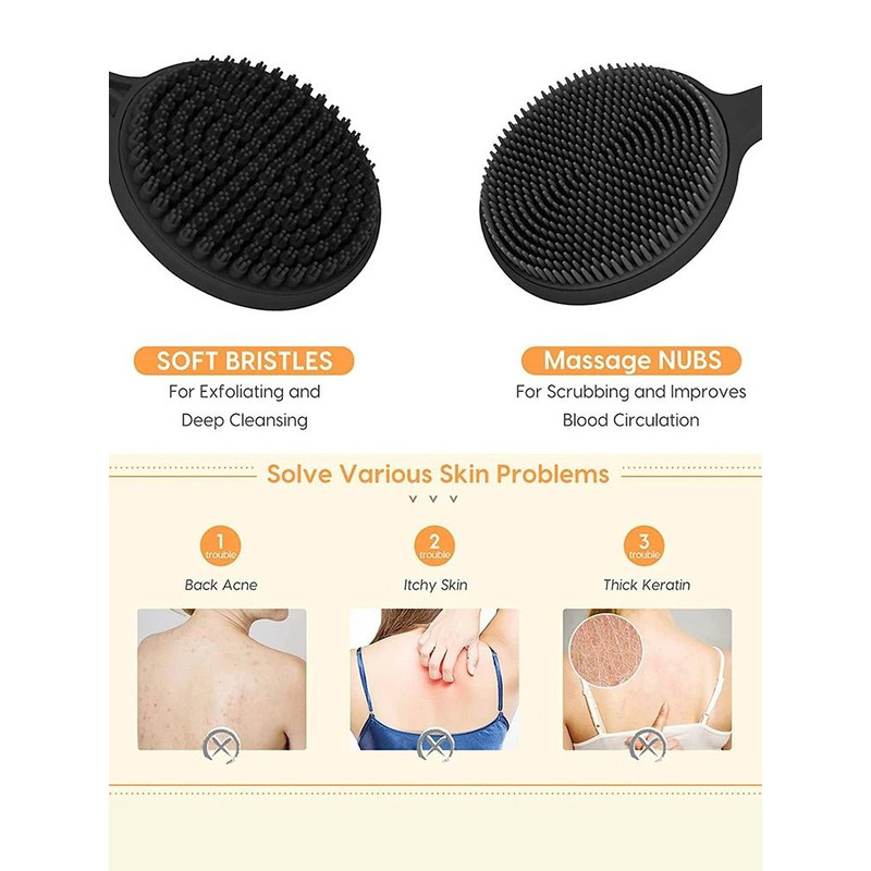 Bath Soft Back Brush With Long Handle Exfoliating Silicone Shower Scrub Brush 4