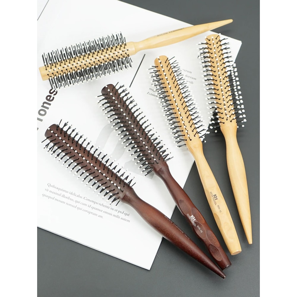 Natural Wood Handle Round Barrel Hair Comb Anti Static Brush For Styling And Blow Drying 0