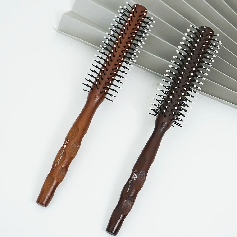 Natural Wood Handle Round Barrel Hair Comb Anti Static Brush For Styling And Blow Drying 2