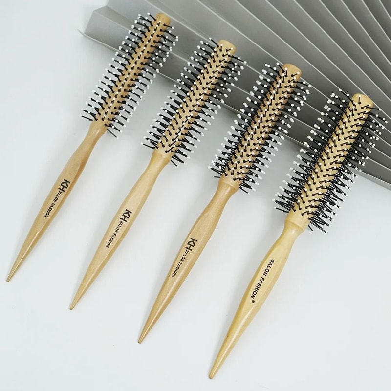 Natural Wood Handle Round Barrel Hair Comb Anti Static Brush For Styling And Blow Drying 3