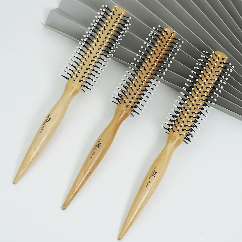 Natural Wood Handle Round Barrel Hair Comb Anti Static Brush For Styling And Blow Drying 4