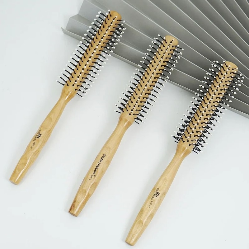 Natural Wood Handle Round Barrel Hair Comb Anti Static Brush For Styling And Blow Drying 5