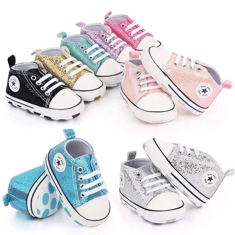 Newborn Sequined Canvas Baby Sneakers Soft Sole Non Slip Walking Shoes 0