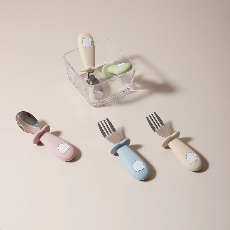 Baby Panda Shape Silicone Spoon And Fork Stainless Steel Feeding Set 2