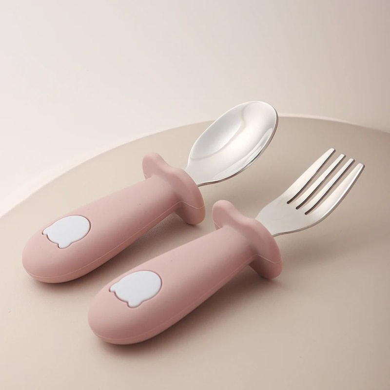 Baby Panda Shape Silicone Spoon And Fork Stainless Steel Feeding Set 4