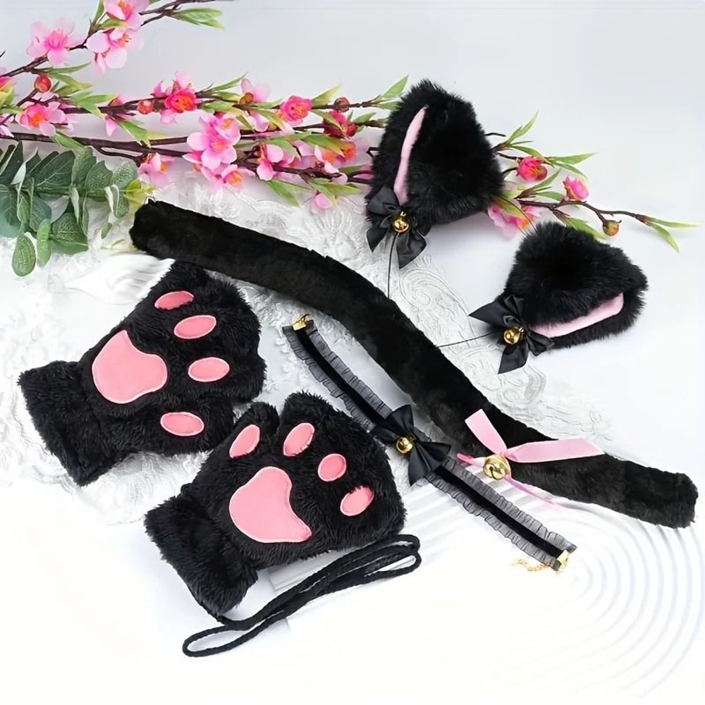 Cute Cartoon Cat Paw Winter Gloves With Bell Headband And Cat Ear Accessories Set 0
