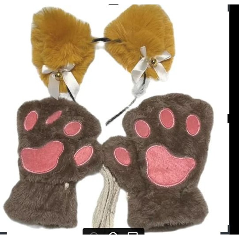 Cute Cartoon Cat Paw Winter Gloves With Bell Headband And Cat Ear Accessories Set 12