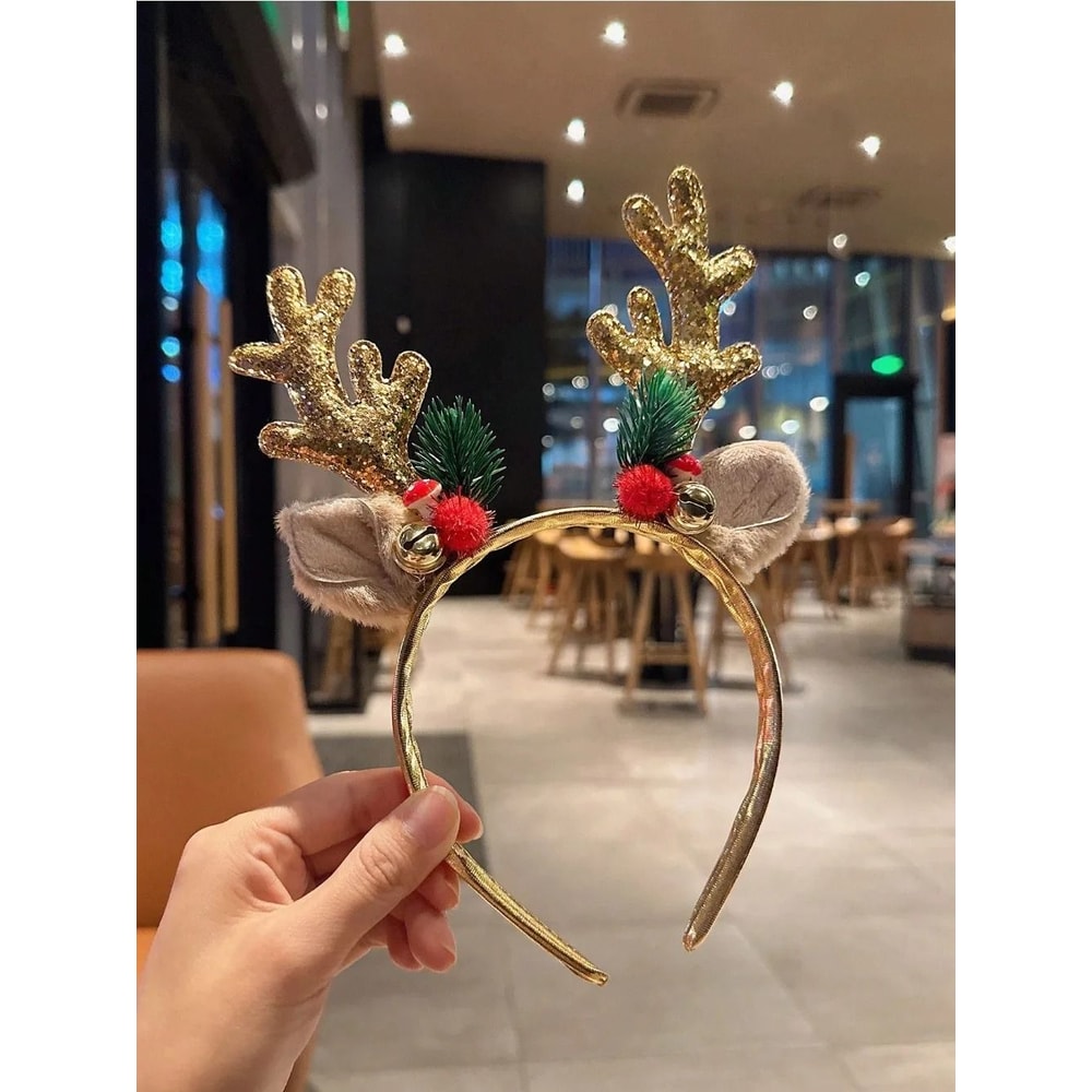 Gold Sequin Deer Horn Christmas Headband With Bells And Festive Holiday Accents 0