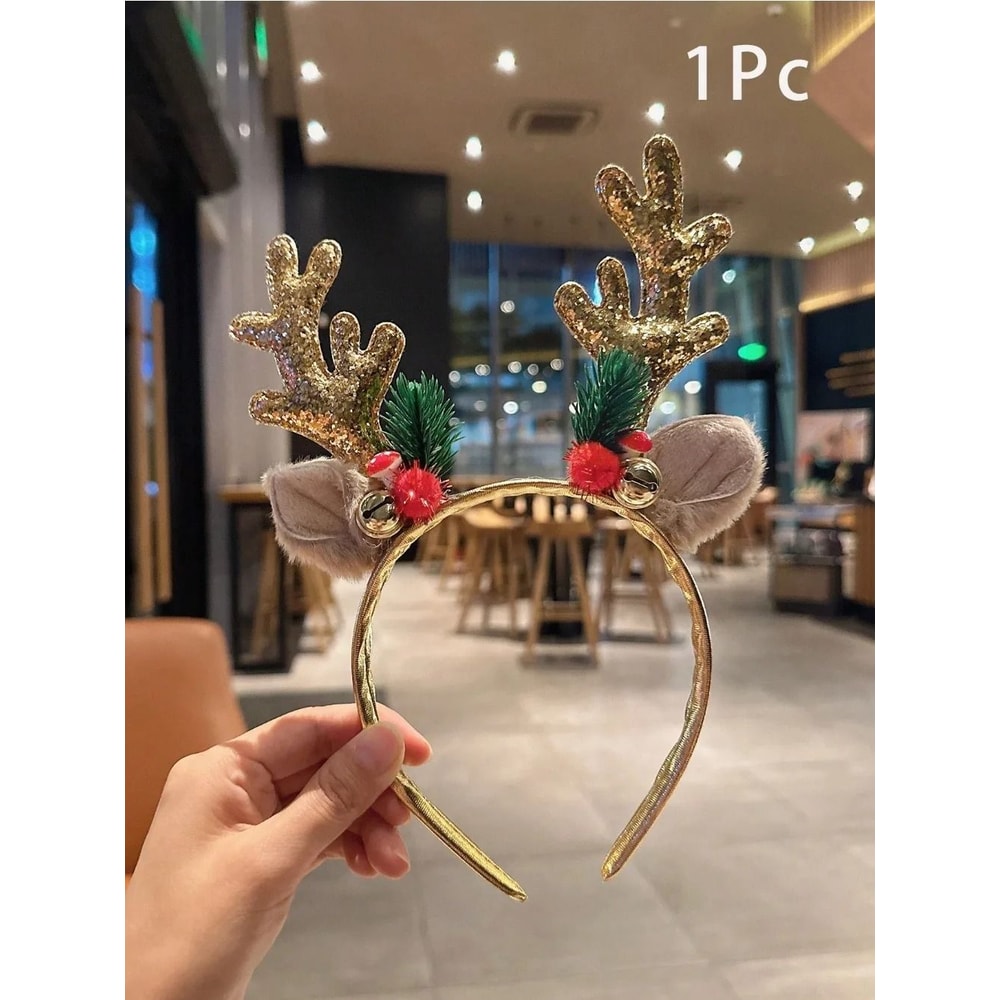 Gold Sequin Deer Horn Christmas Headband With Bells And Festive Holiday Accents 2