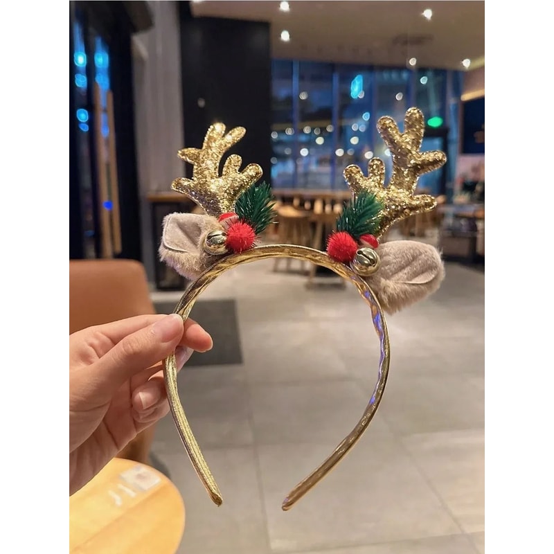 Gold Sequin Deer Horn Christmas Headband With Bells And Festive Holiday Accents 4