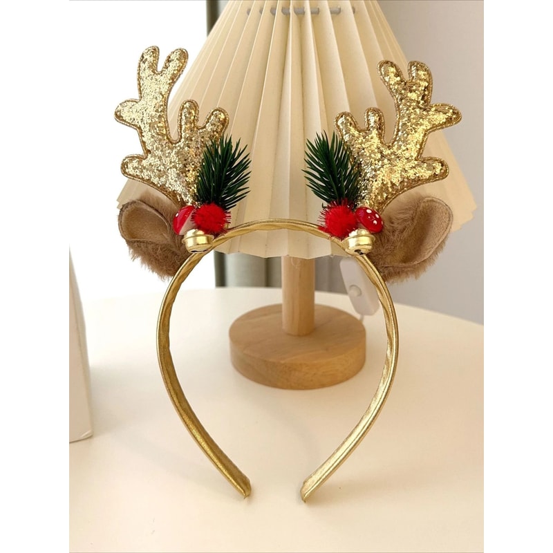 Gold Sequin Deer Horn Christmas Headband With Bells And Festive Holiday Accents 5