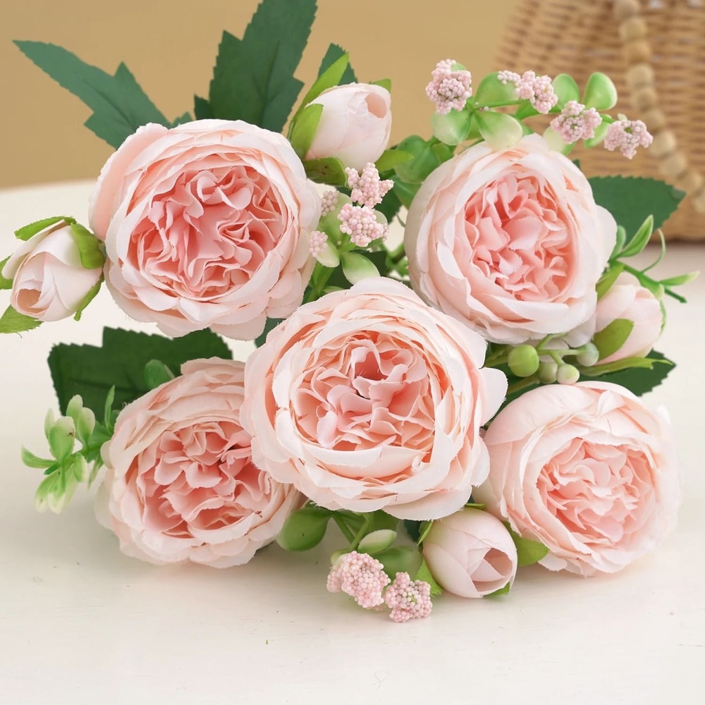 Rose Pink Silk Peony Bouquet With 5 Large Heads And 4 Small Buds For Wedding And Home Decoration 12