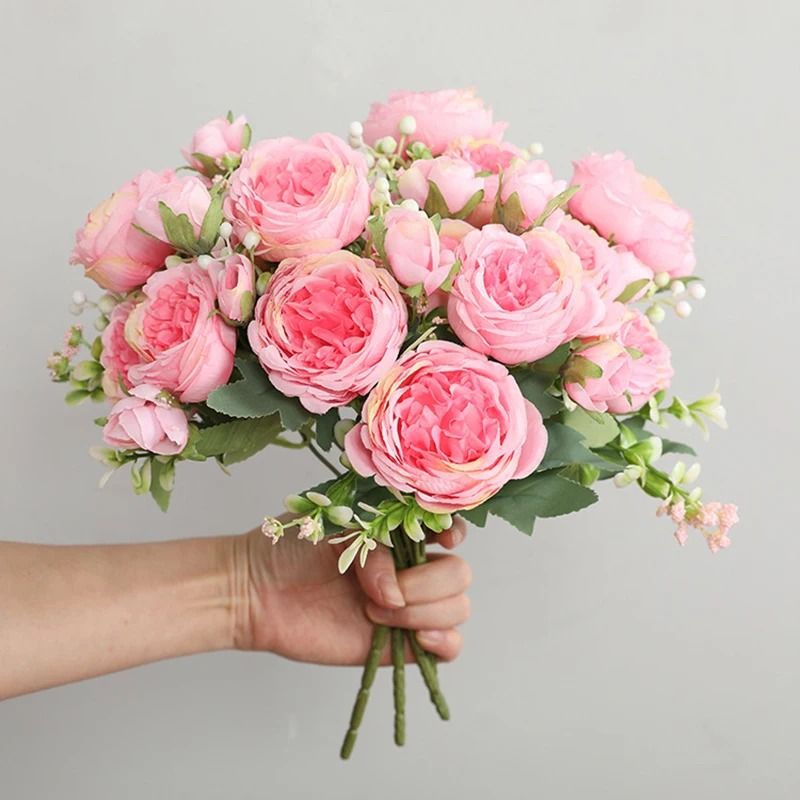 Rose Pink Silk Peony Bouquet With 5 Large Heads And 4 Small Buds For Wedding And Home Decoration 4