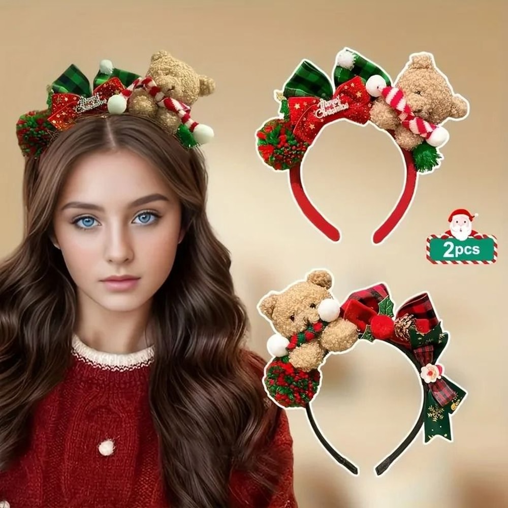 Christmas Bear Headband With Festive Bow Plush Holiday Hair Accessory For Women 0