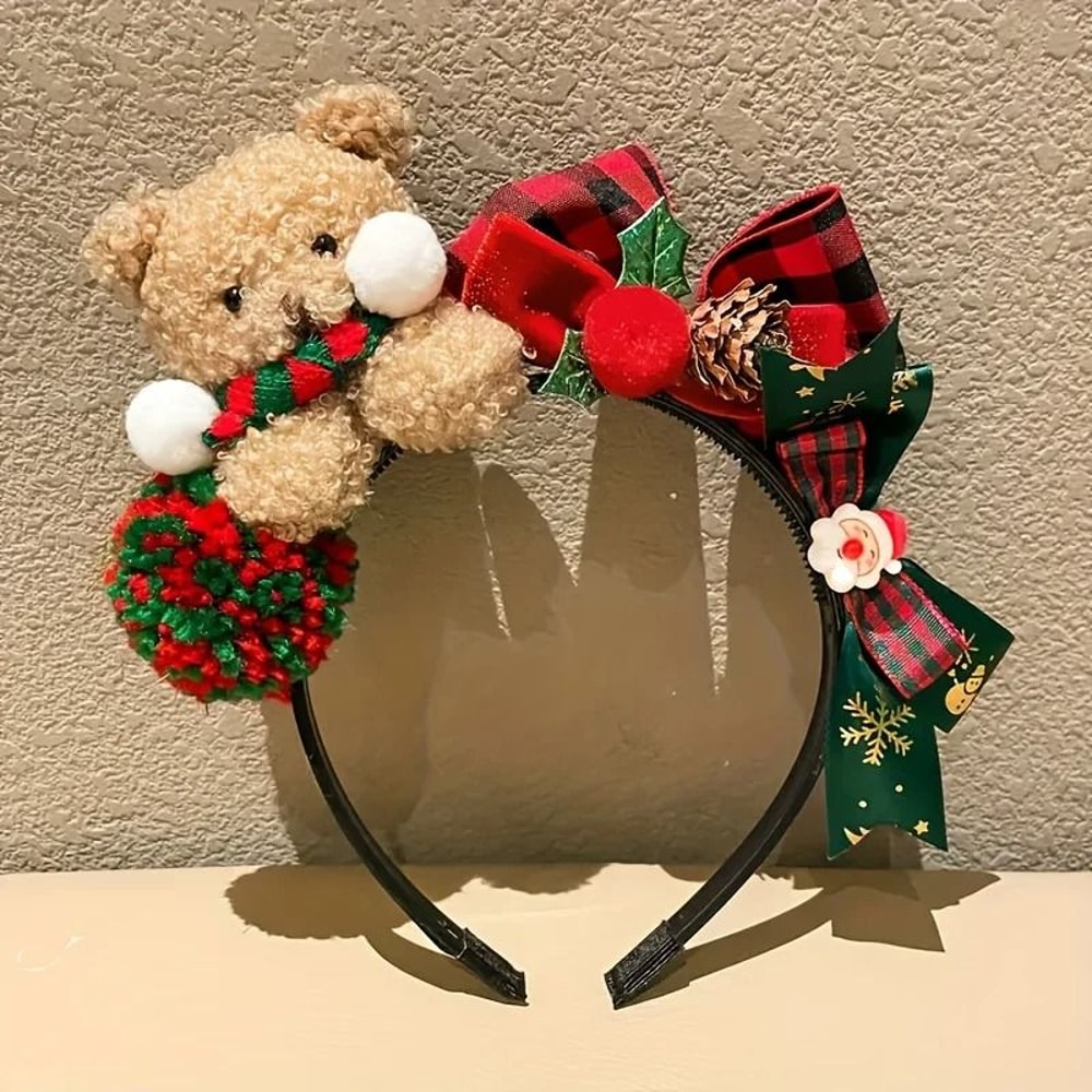 Christmas Bear Headband With Festive Bow Plush Holiday Hair Accessory For Women 7