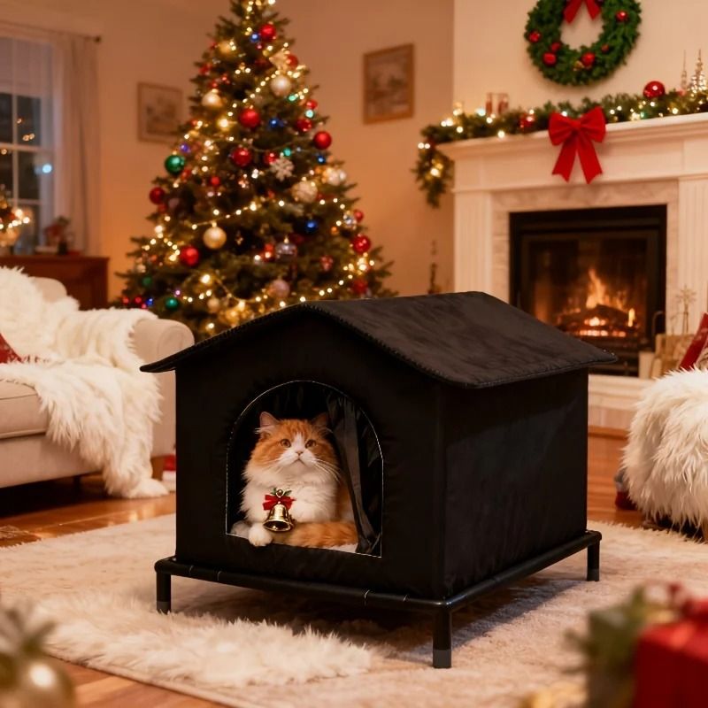 Outdoor Insulated Cat House With Elevated Shelf And Cushion For Warm Winter Shelter 4