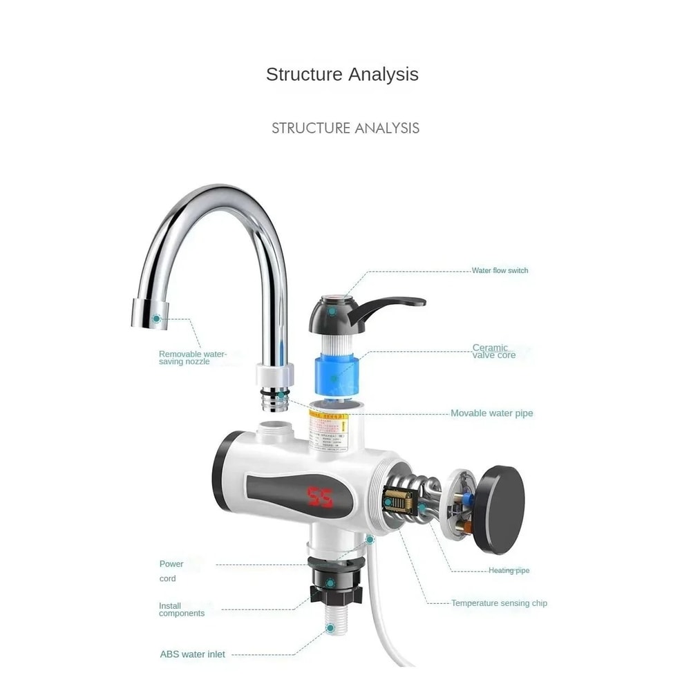 3000W Electric Instant Hot Water Faucet Tankless Kitchen Water Heater Tap With LED Temperature Disp 5