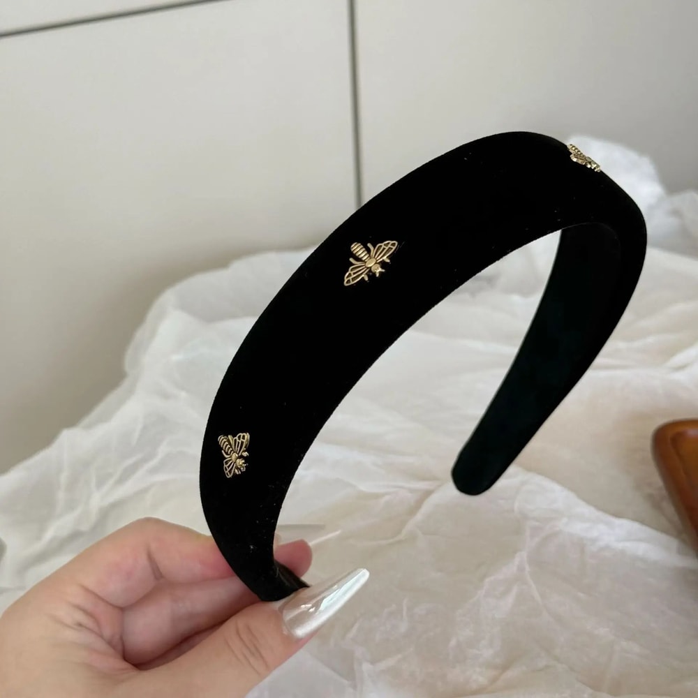 Black Velvet Hairband With Cute Bee Design For Winter And Fall High Volume Hairstyles 7
