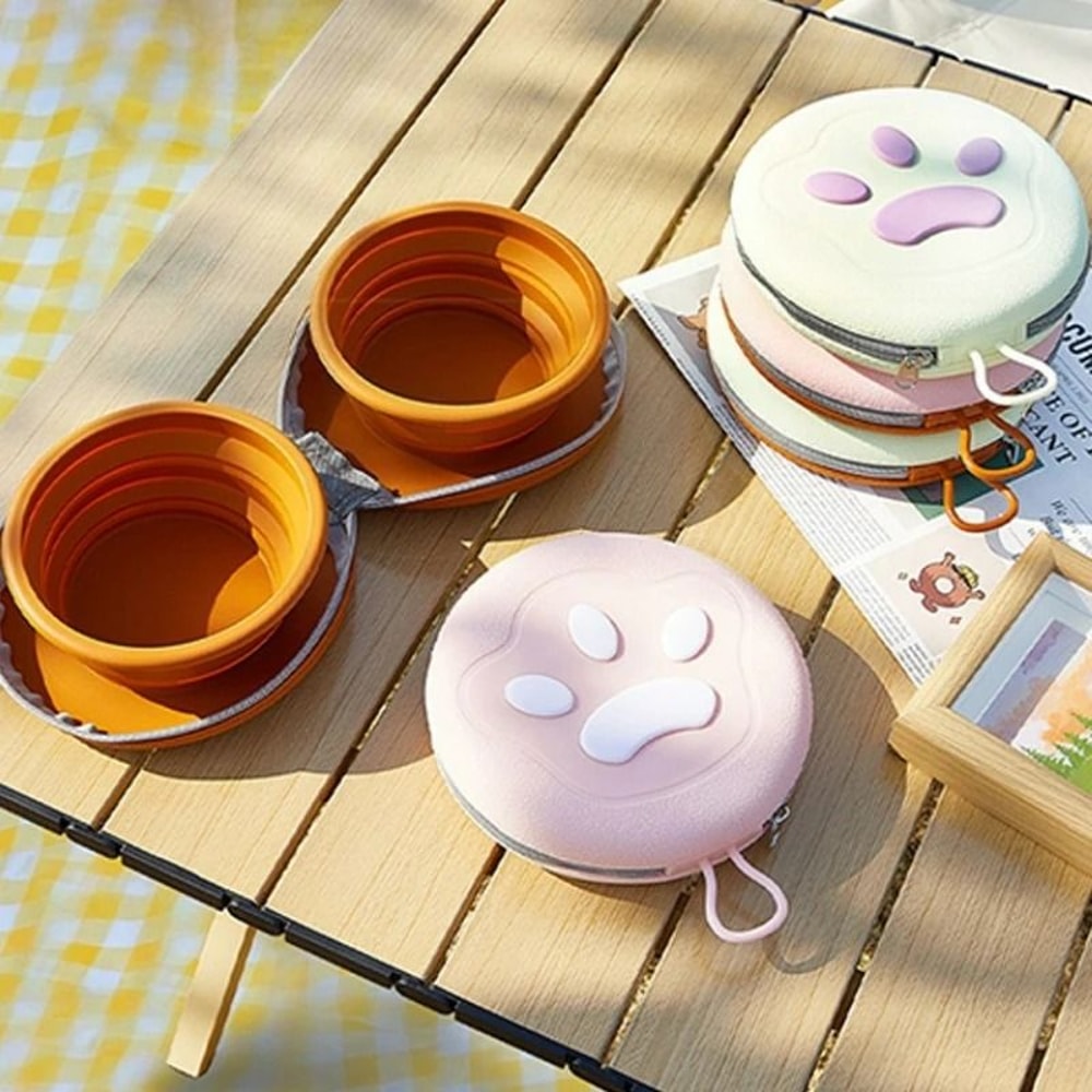 Foldable Silicone Double Dog Bowl Portable Travel Feeding Set 0