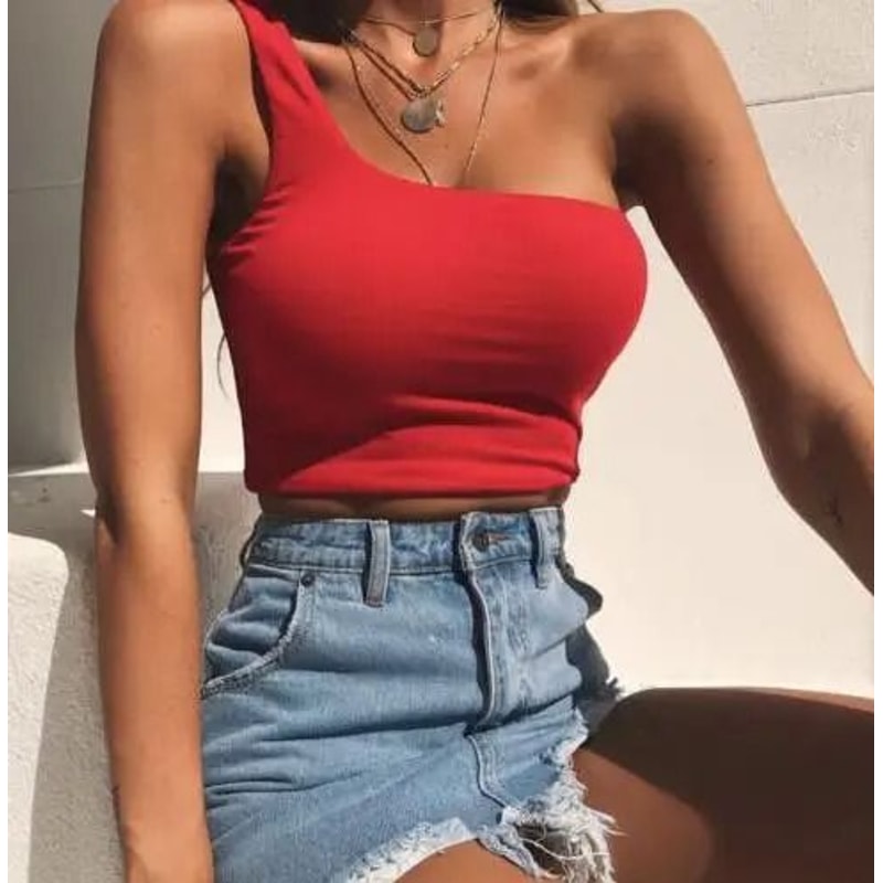 One Shoulder Summer Crop Top Sleeveless Tank Vest For Women 9