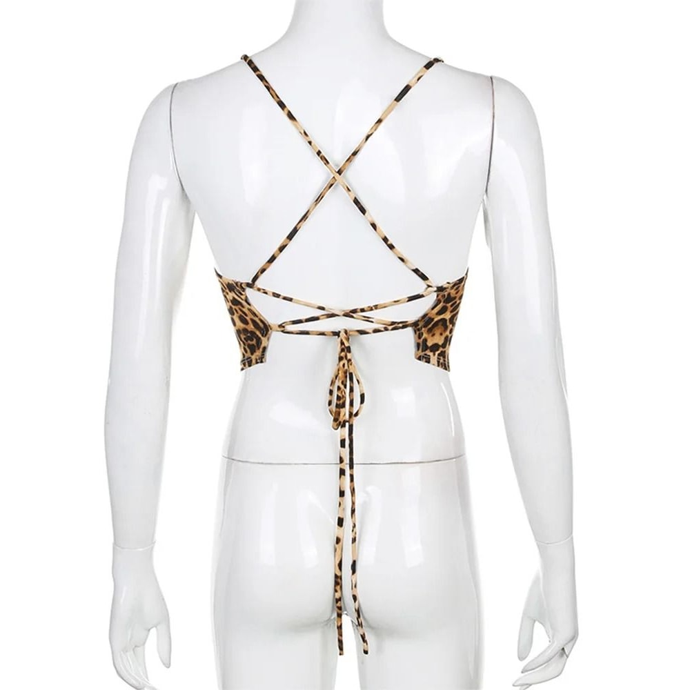 Leopard Pattern Backless Cross Lace Up Crop Tank Top For Women 5