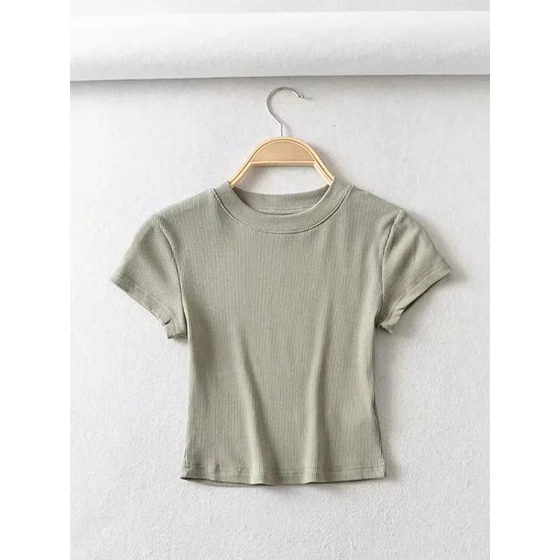 Womens Slim ONeck Short Sleeve Stretch Crop Top 1