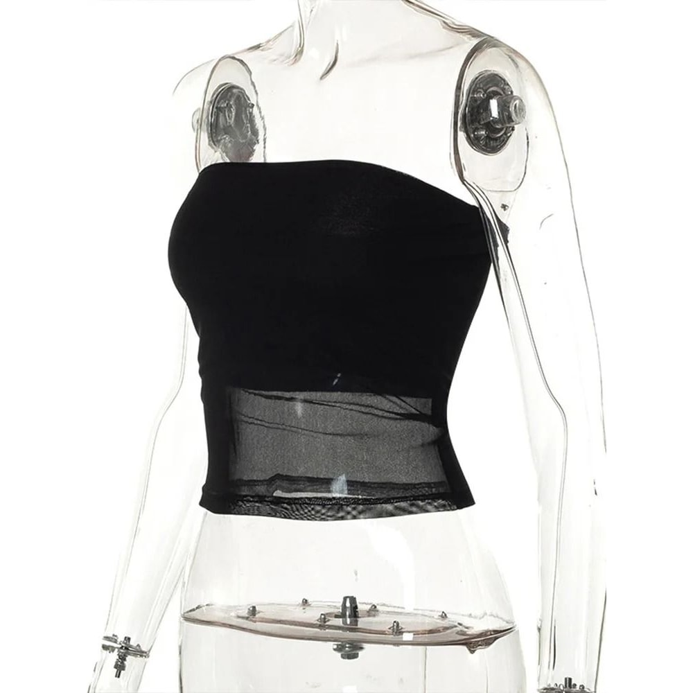 Womens Mesh Patchwork Strapless Corset Crop Top 4