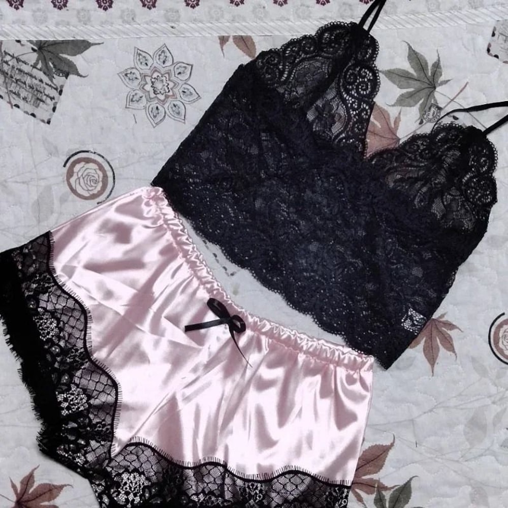 Silky Lace Pajama Set For Women 2Piece Sexy Sleepwear Crop Top Shorts Nightwear 3
