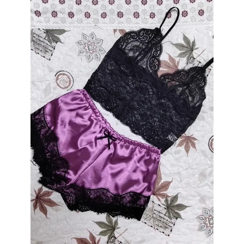 Silky Lace Pajama Set For Women 2Piece Sexy Sleepwear Crop Top Shorts Nightwear 8