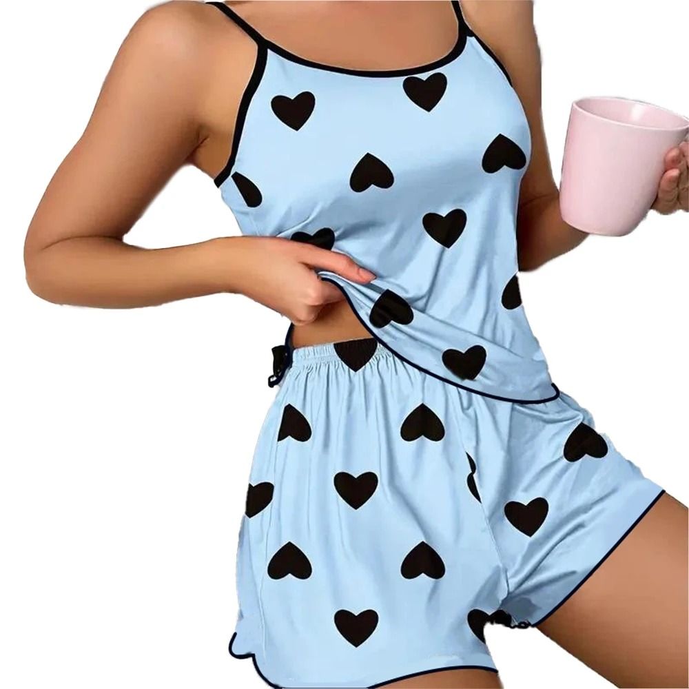 Pink Heart Print Ice Silk Pajama Set Womens Summer Short Sleeve Top And Shorts Sleepwear 4