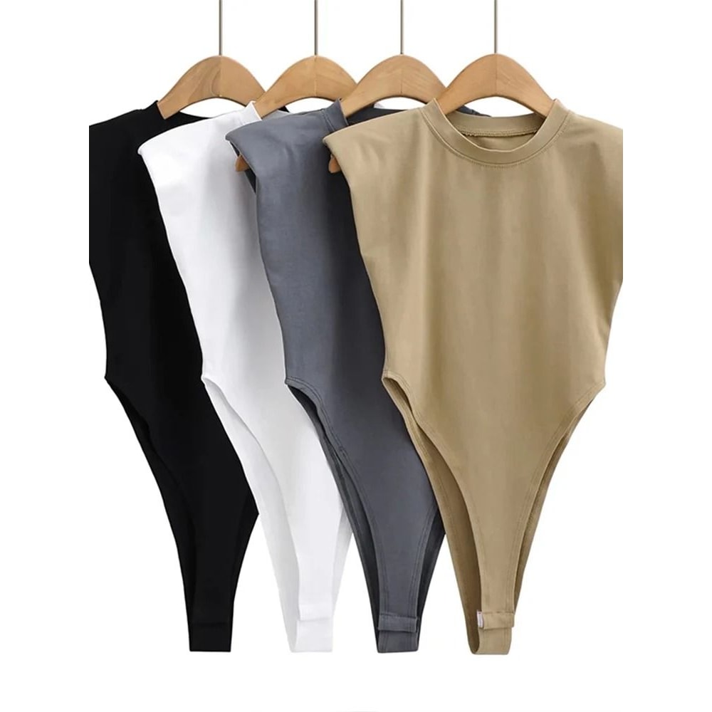 Padded Shoulder Bodysuit Women Summer One Piece Slim Fit Sleeveless Bodycon Top 0