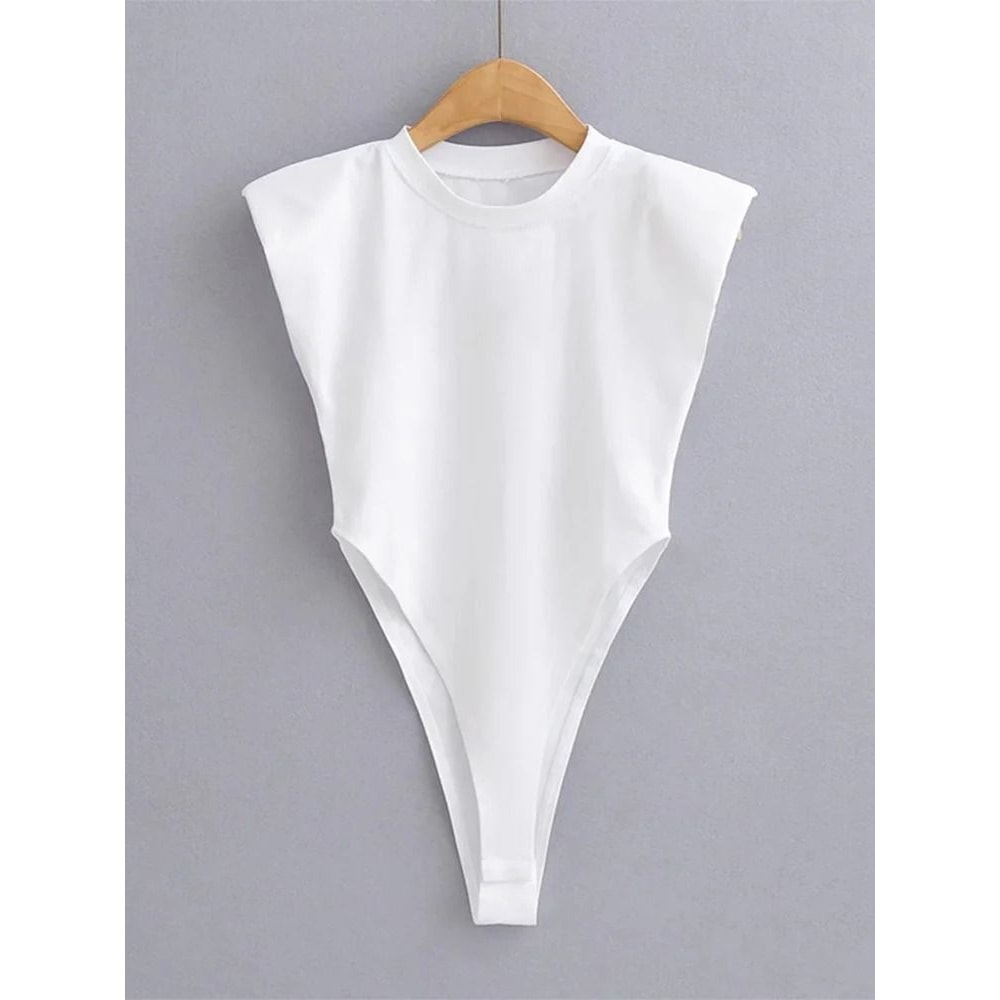 Padded Shoulder Bodysuit Women Summer One Piece Slim Fit Sleeveless Bodycon Top 1