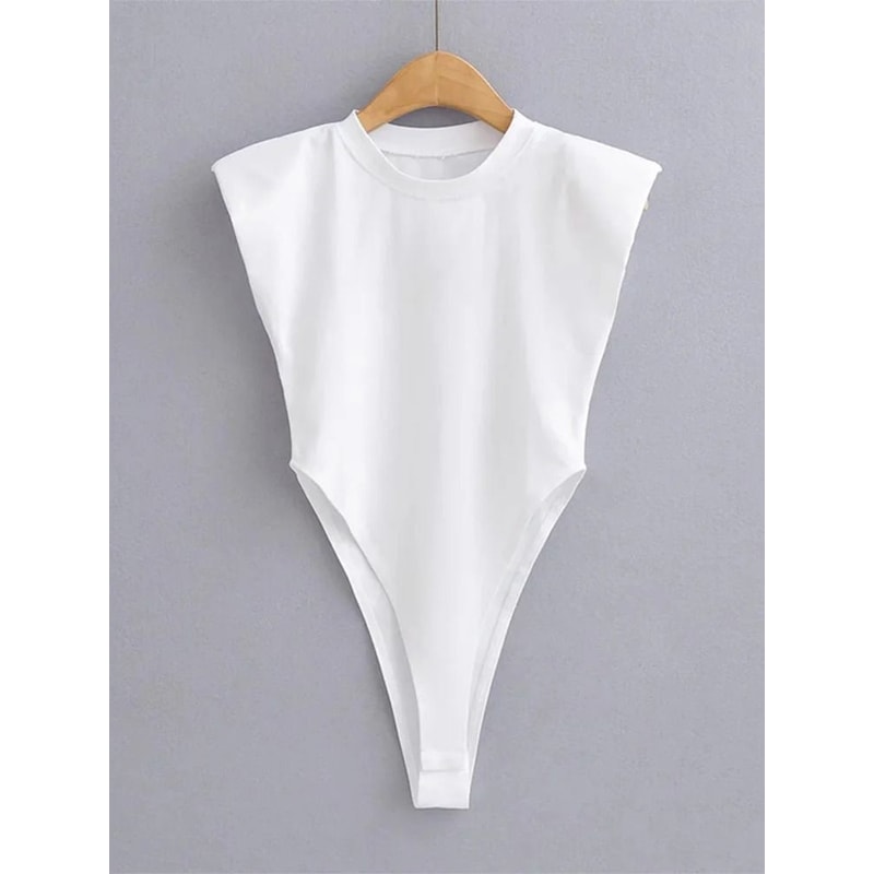 Padded Shoulder Bodysuit Women Summer One Piece Slim Fit Sleeveless Bodycon Top 1