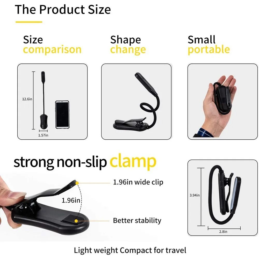 USB Rechargeable LED Book Light Flexible Clip On Reading Lamp With 3 Level Brightness 5