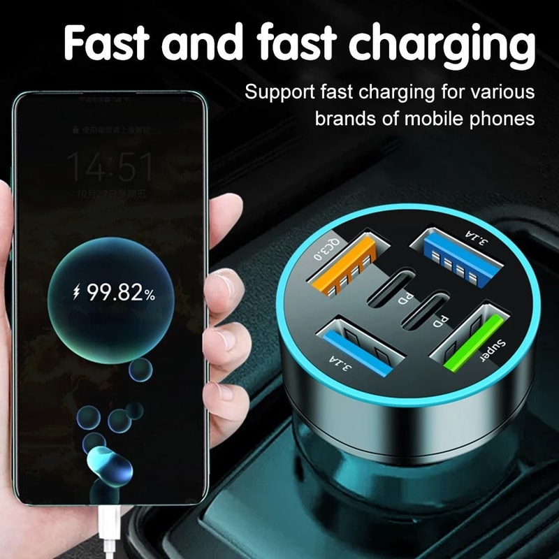 250W 5 Port Fast Charging Car Charger USB C And USB Adapter 2