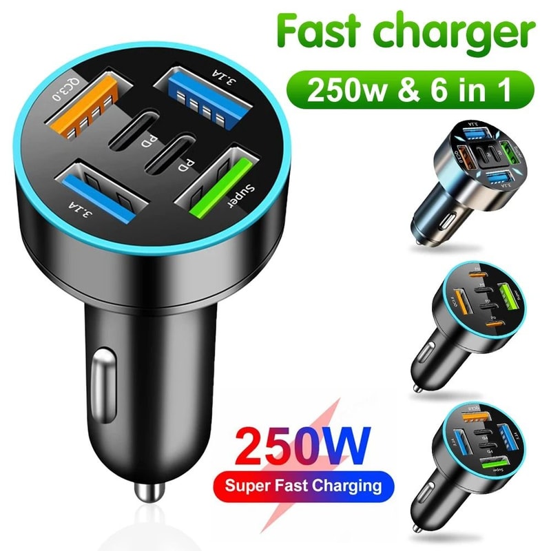 250W 5 Port Fast Charging Car Charger USB C And USB Adapter 3