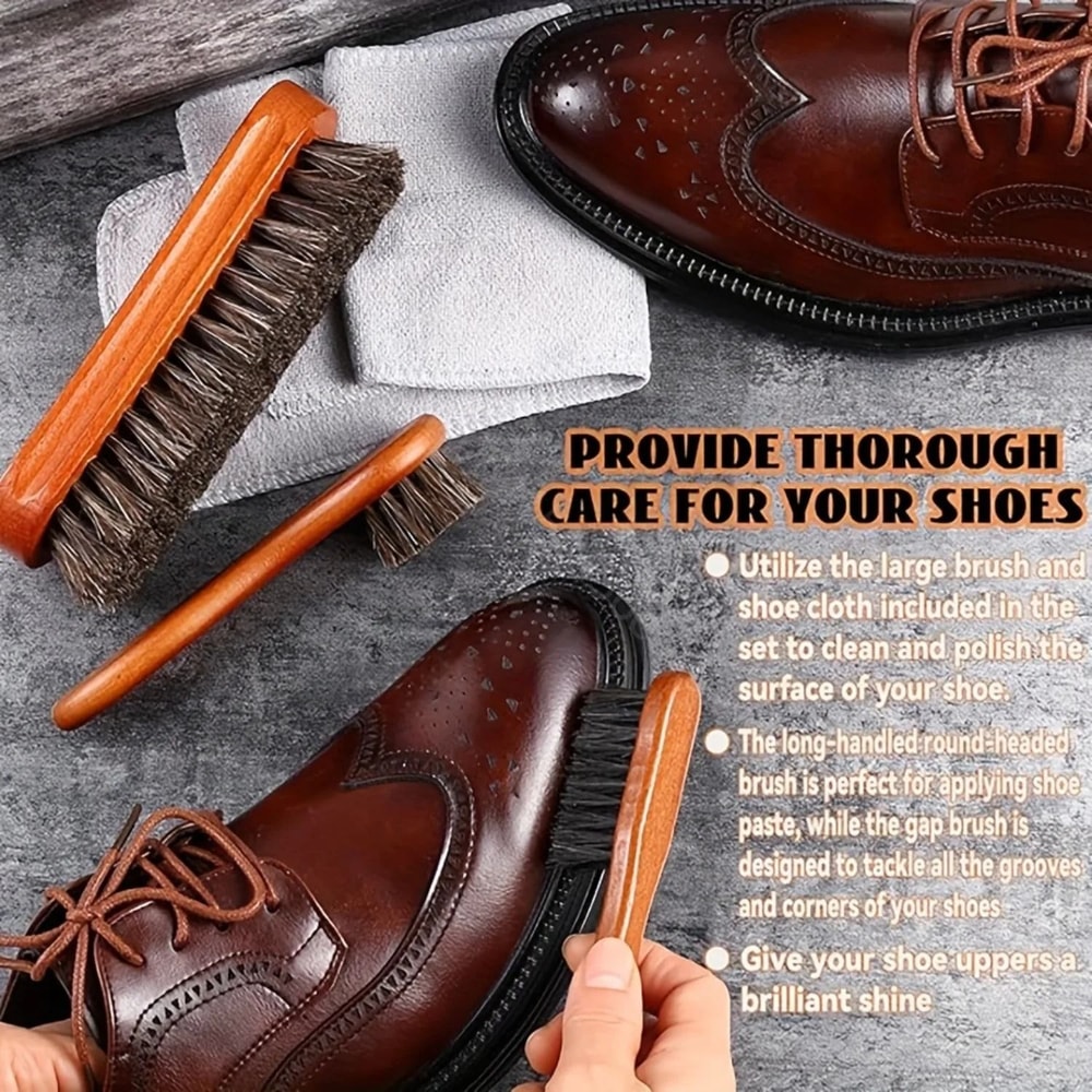 Horsehair Shoe Shine Brush Kit With Polish Dauber Set 2