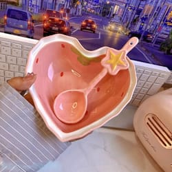 cute strawberry ceramic ramen bowl with matching spoon