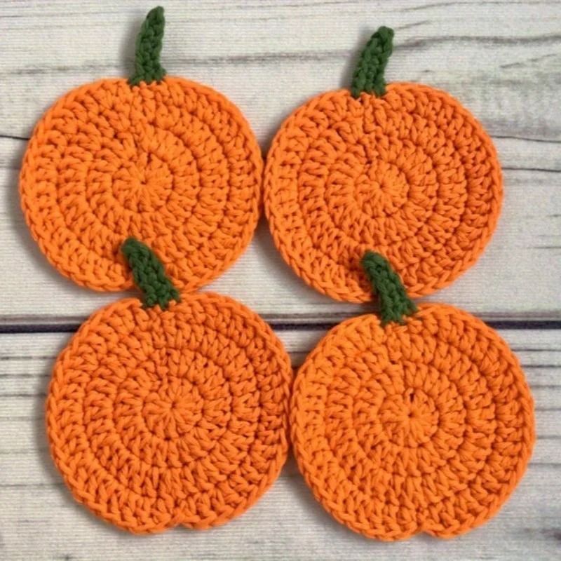 Handmade Autumn Crochet Pumpkin Coasters Set For Fall Table Decor And Drink Protection 4