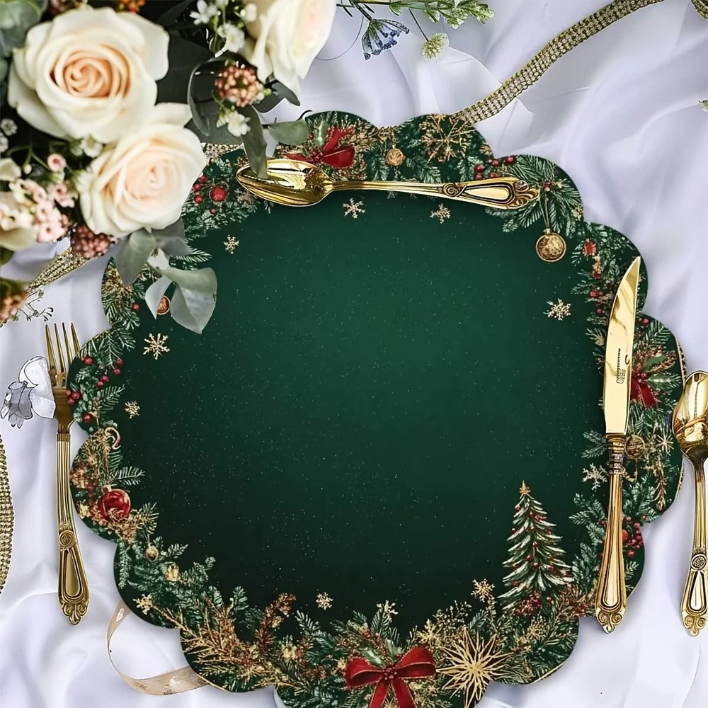 Christmas Emerald Green Round Placemats With Gold Pattern Festive Dining Table Mats Set 0