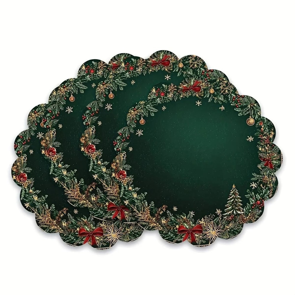 Christmas Emerald Green Round Placemats With Gold Pattern Festive Dining Table Mats Set 1