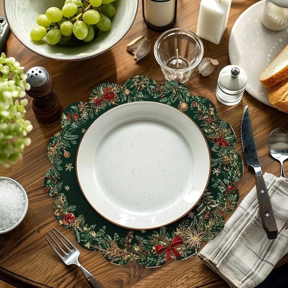 Christmas Emerald Green Round Placemats With Gold Pattern Festive Dining Table Mats Set 2
