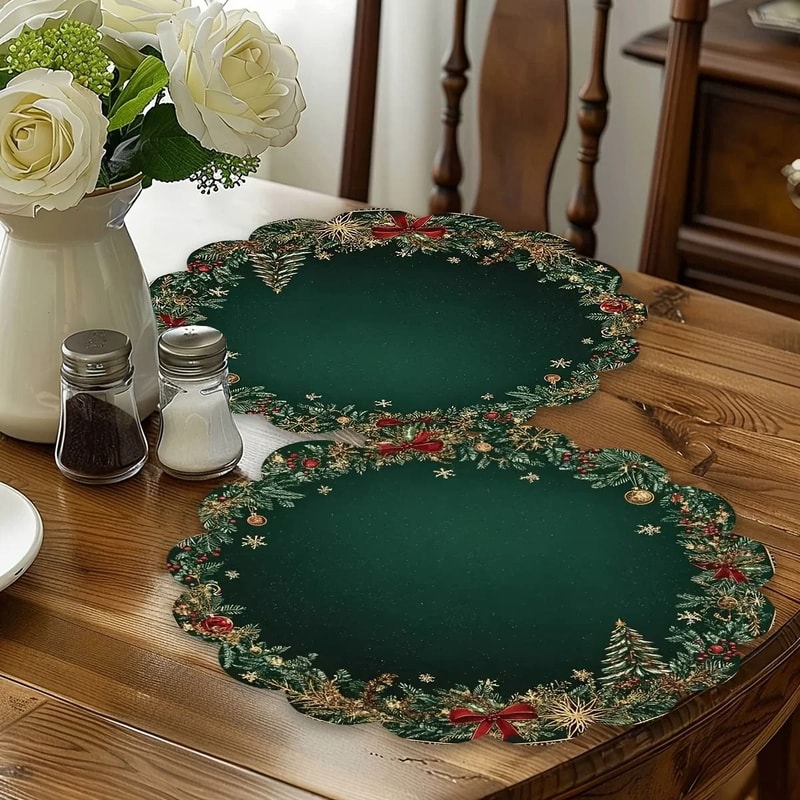 Christmas Emerald Green Round Placemats With Gold Pattern Festive Dining Table Mats Set 3