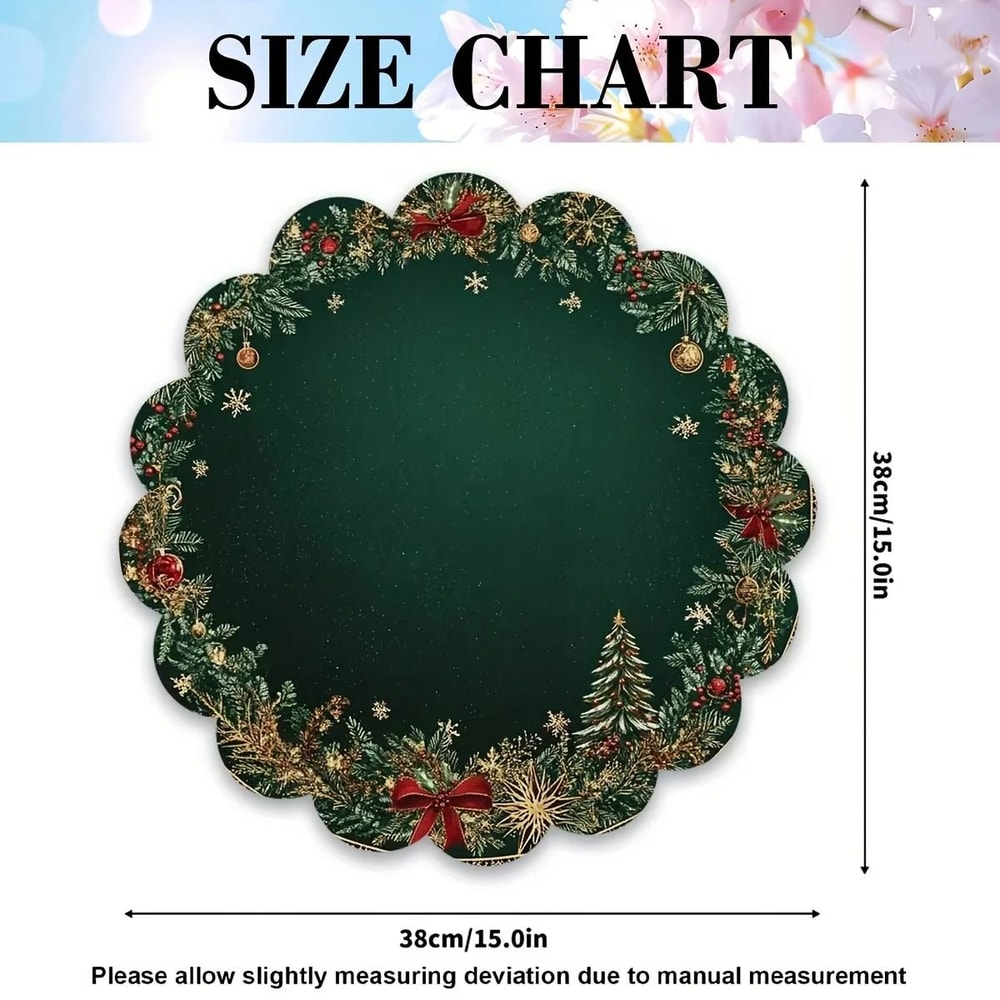 Christmas Emerald Green Round Placemats With Gold Pattern Festive Dining Table Mats Set 7