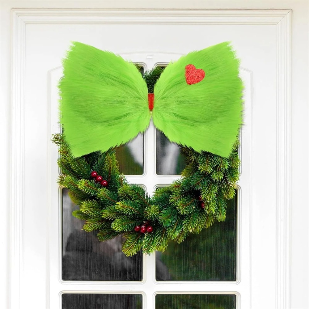 Christmas Grinch Bow Tree Topper Green Furry Holiday Decor 3