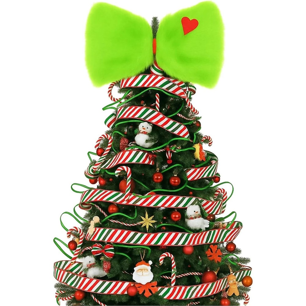 Christmas Grinch Bow Tree Topper Green Furry Holiday Decor 4
