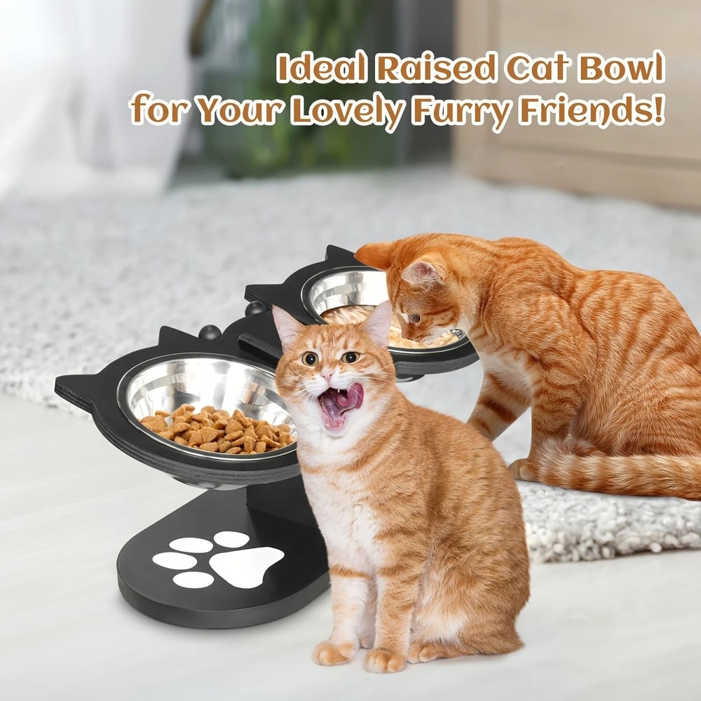 Elevated Tilted Cat Food Bowls With Wooden Stand And Stainless Steel Bowls 2
