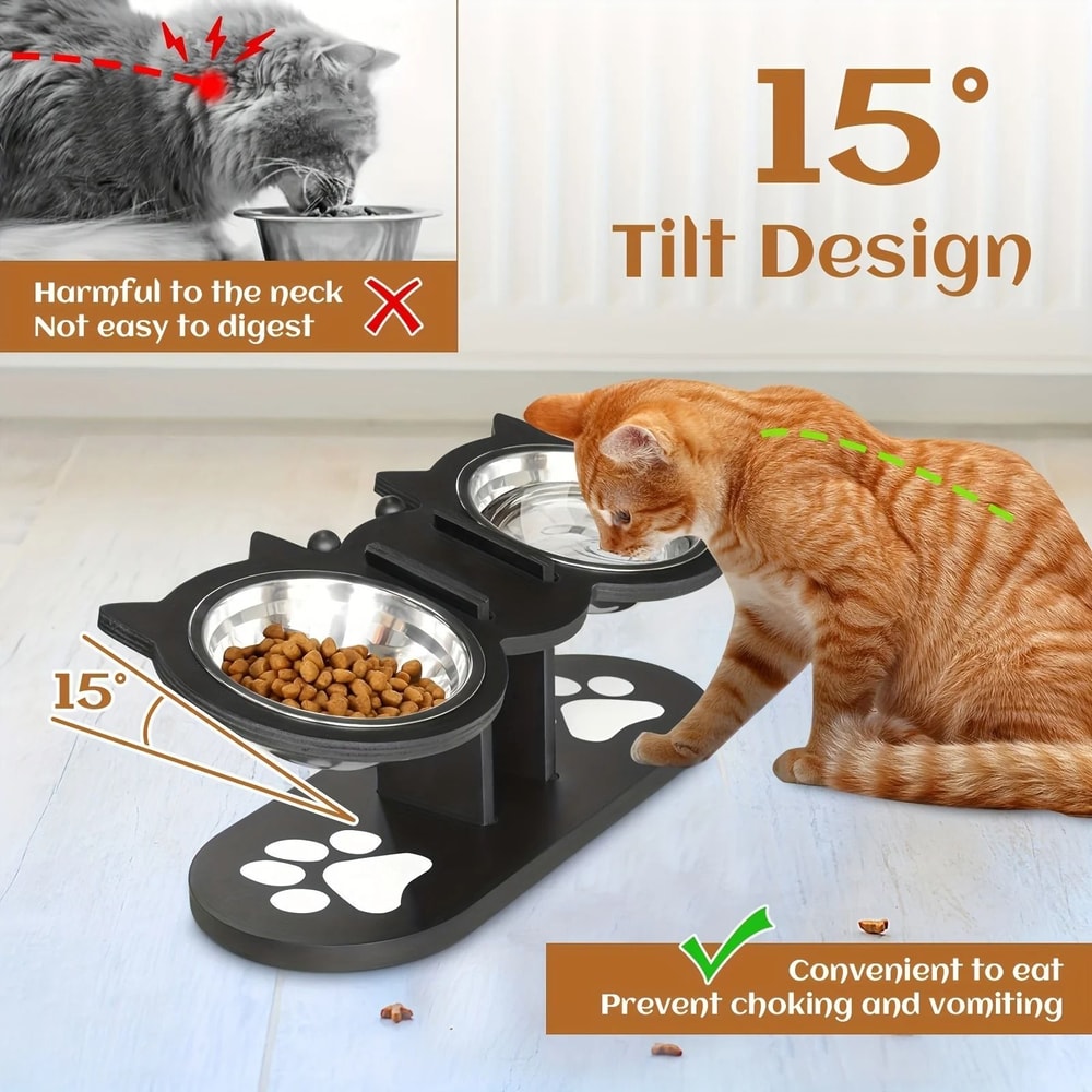 Elevated Tilted Cat Food Bowls With Wooden Stand And Stainless Steel Bowls 4