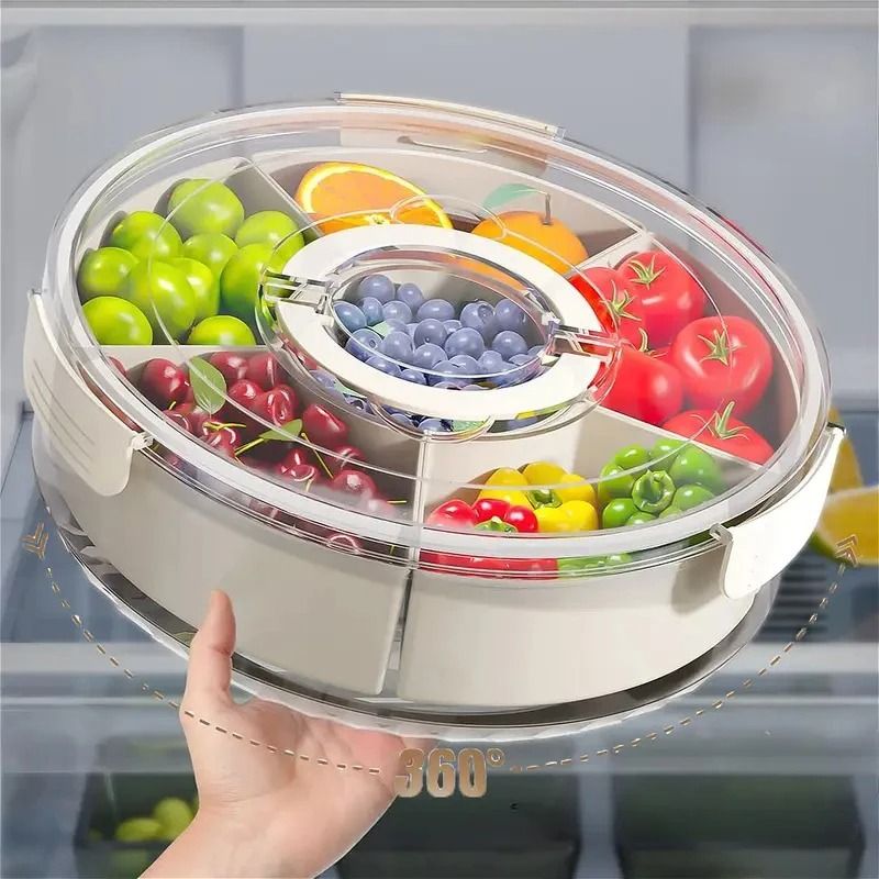 Round Rotating Fruit Tray With Lid And Handle Six Compartment Snack Organizer 0
